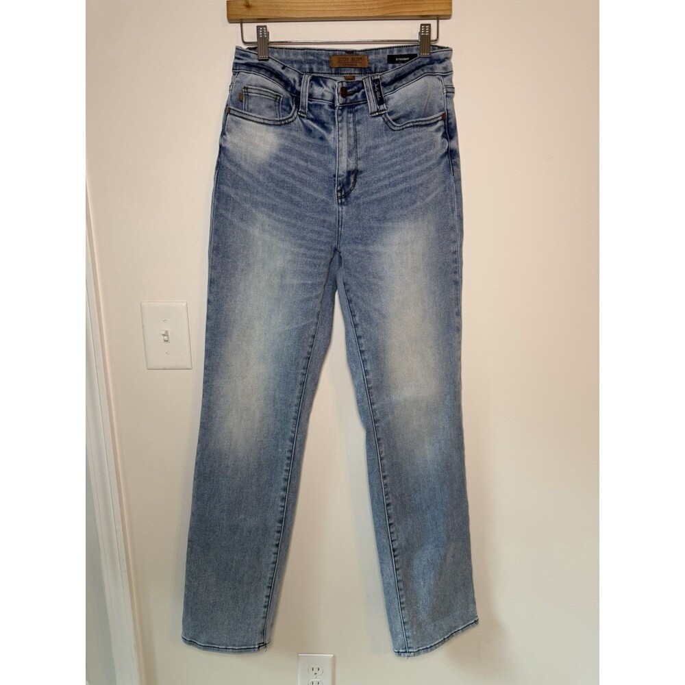 Judy Blue Jeans Plaid Cuff Sz 7/28 Med Wash Straight Fit Stretch JB88747 MD - Picture 2 of 15